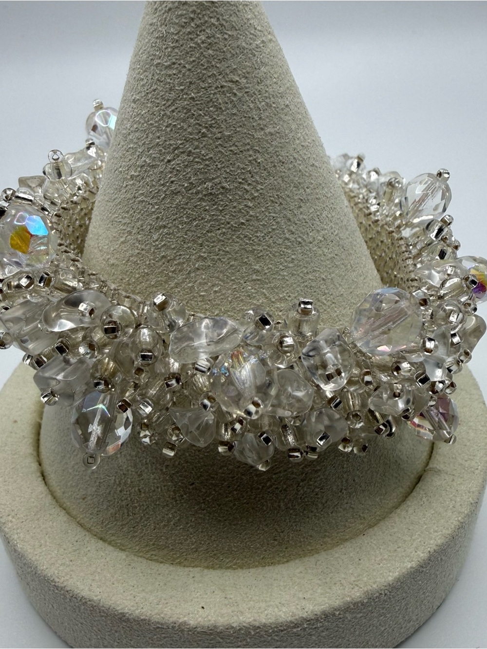Hand Beaded Crystal AB Cluster Bracelet Magnetic Clasp Silver Clear Statement